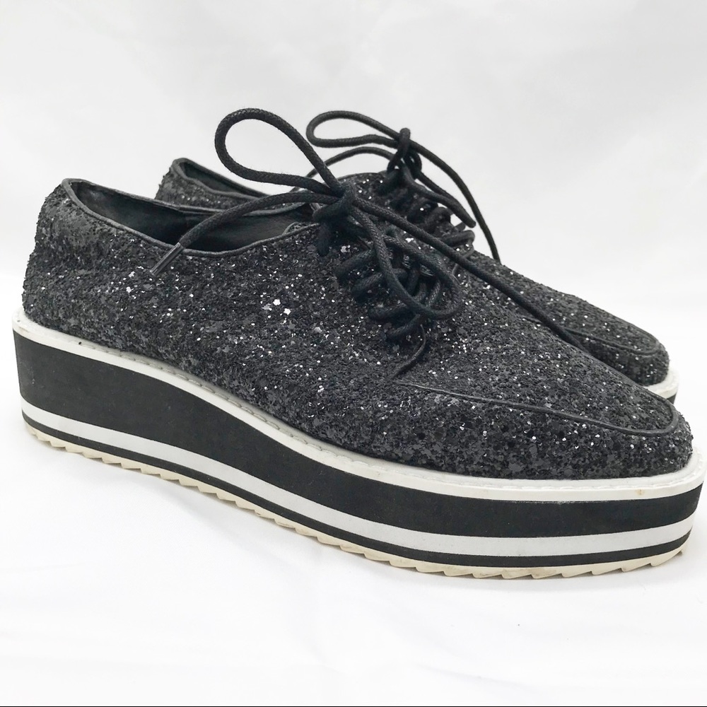 Sol Sana Tabbie Leather Platform Loafers Black Glitter Wedge Size 39 US 8
